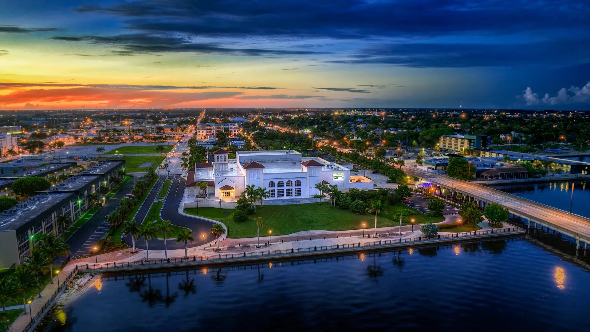 Aerial view of Punta Gorda, Florida at sunset